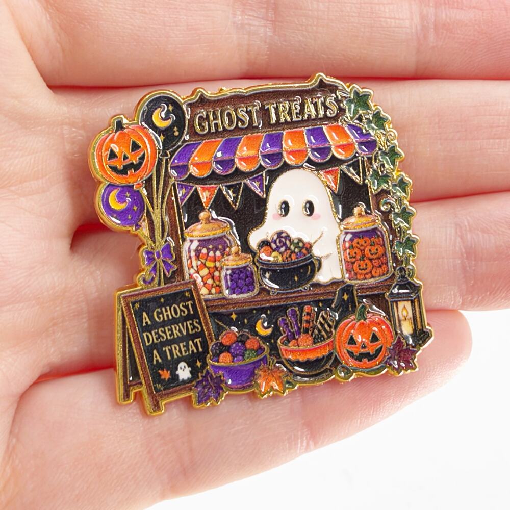Ghost Treat Stand Halloween Enamel Pin Trick or Treat Candy Pumpkin Spooky